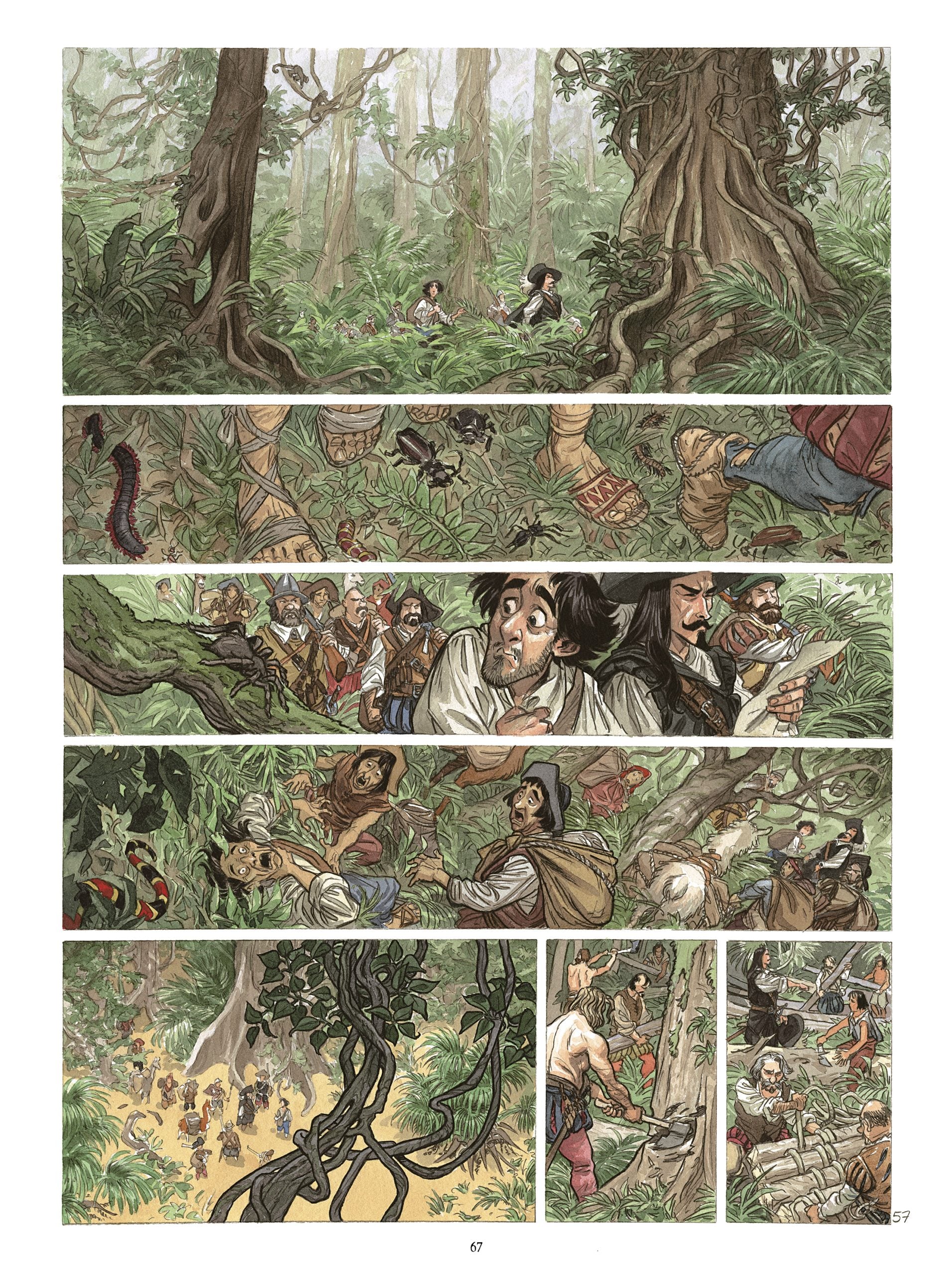 Two people hide in a dense jungle as a group of armed men search nearby; the hidden pair watch nervously from thick foliage and tree branches.