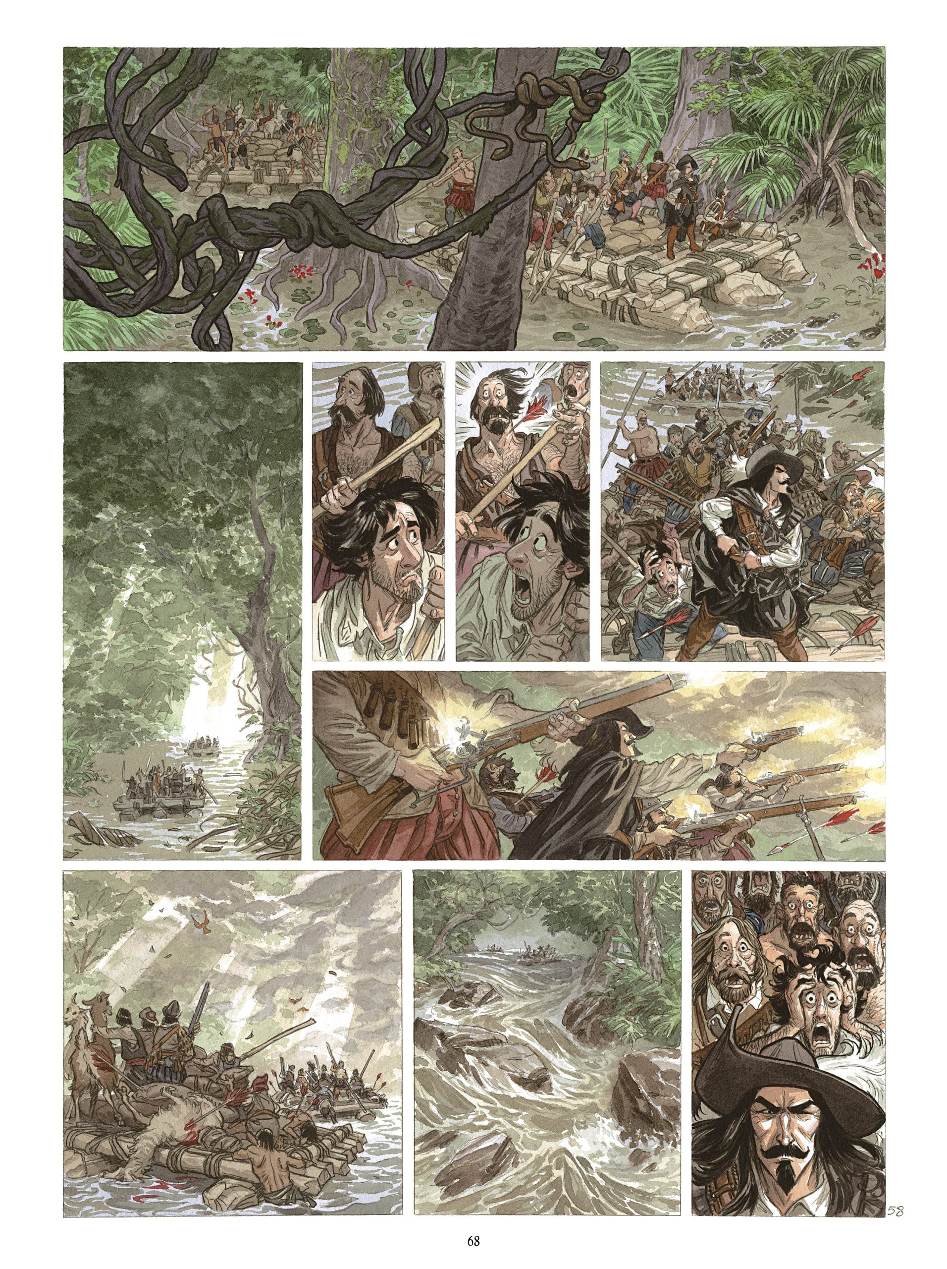 A group of armed explorers trek through a jungle, encounter resistance, and engage in a chaotic battle by a river, with some caught in rapids.