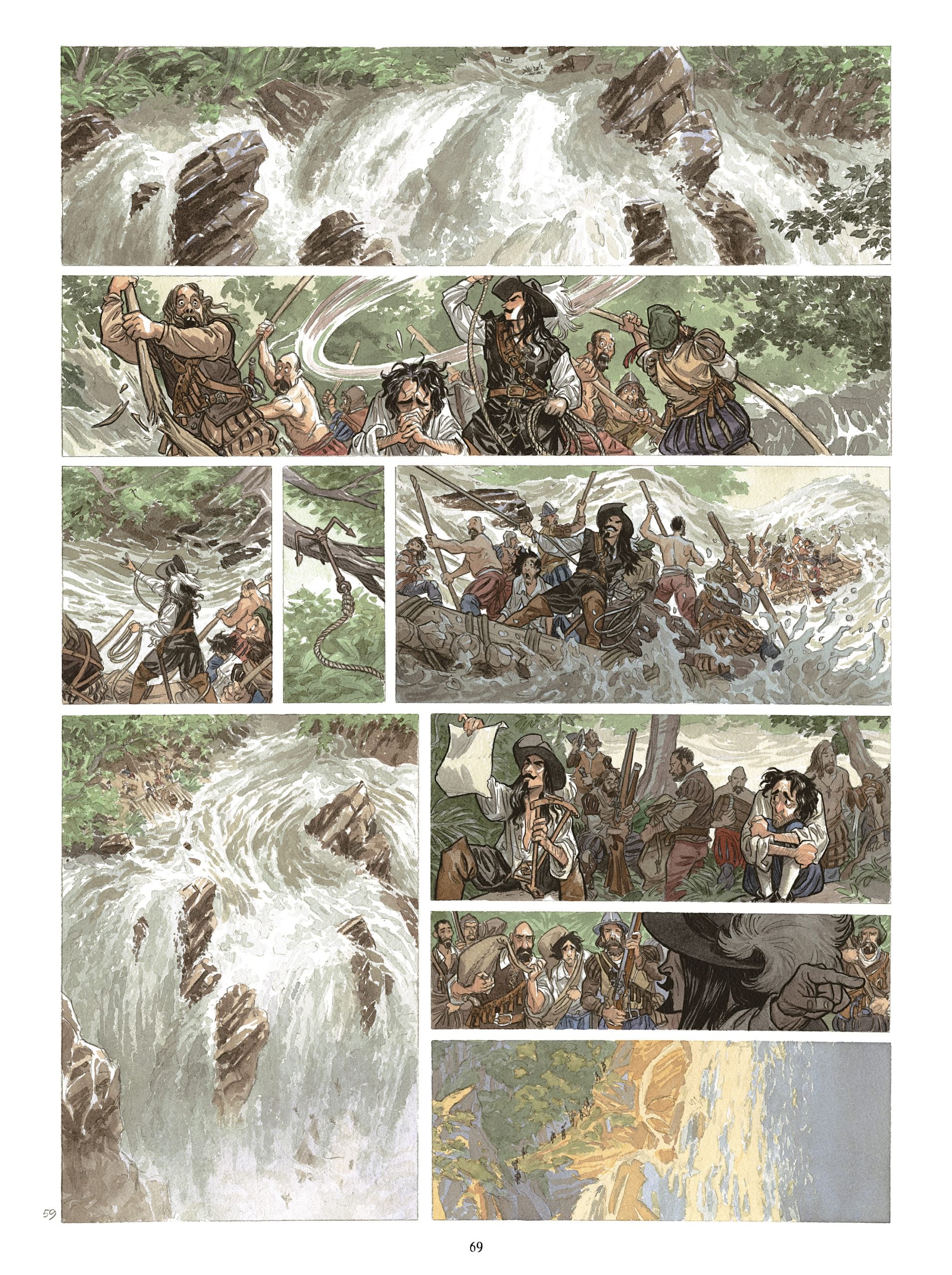A group of armed people in a boat struggle in a fast-moving river, some falling into the water, with rocky rapids and a forested landscape in the background.
