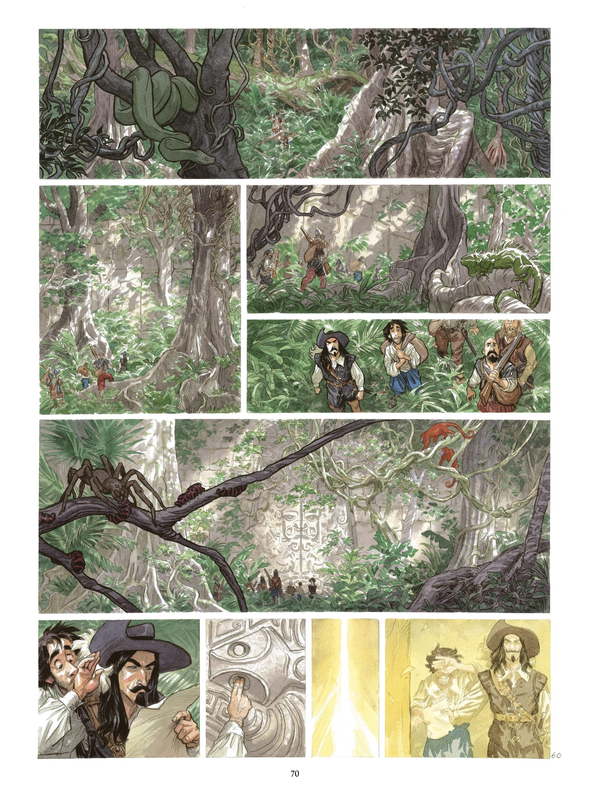 Comic page showing people walking through a dense jungle, encountering large spiders, and discovering a carved stone face among trees. Final panels show surprise and a glowing light.
