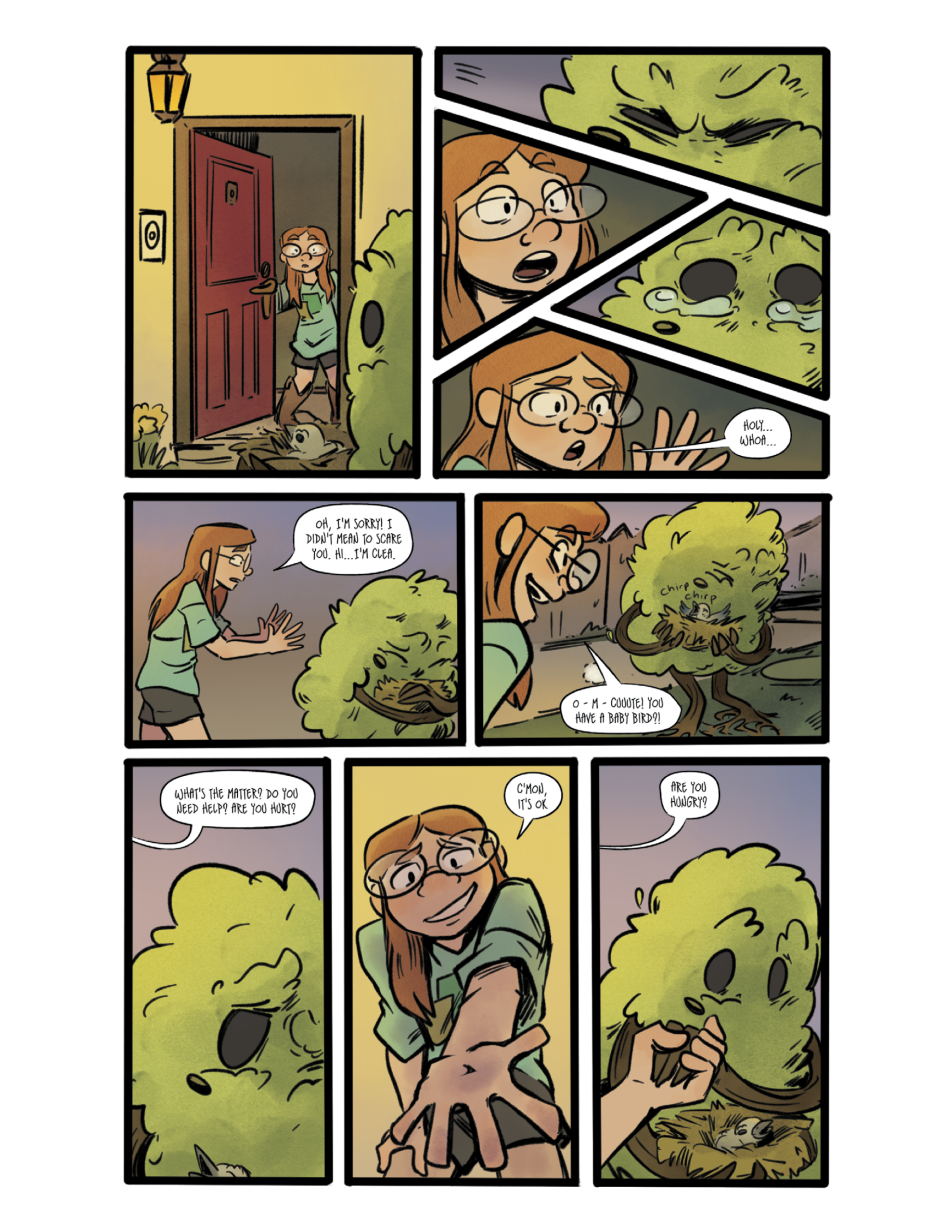 A surprised woman opens her front door at night to find a friendly, smiling bush creature on her porch. She reaches out to greet it, both appearing curious and welcoming.