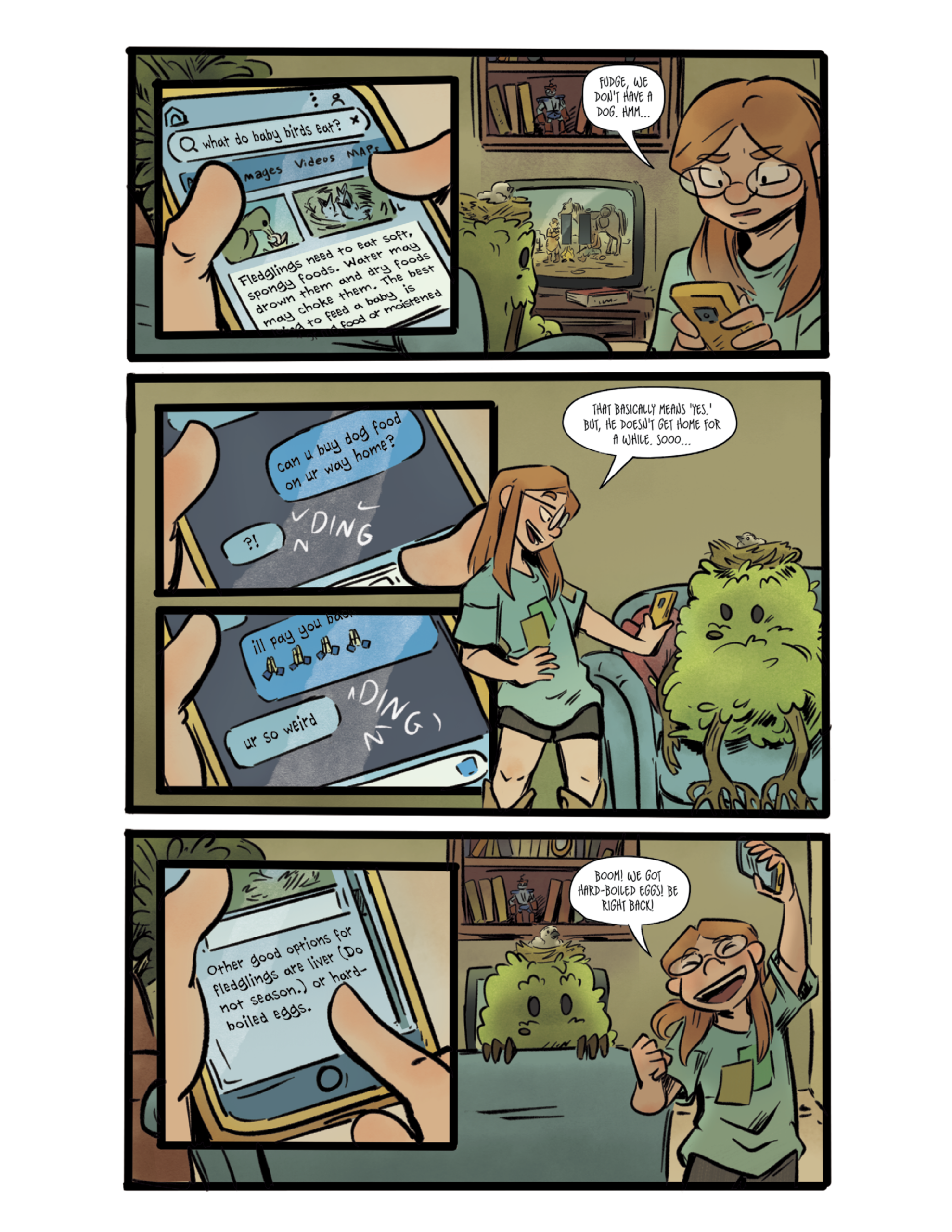 A woman researches dog food on her phone, chats with a green fluffy creature, and celebrates finding the answer while standing in her living room.