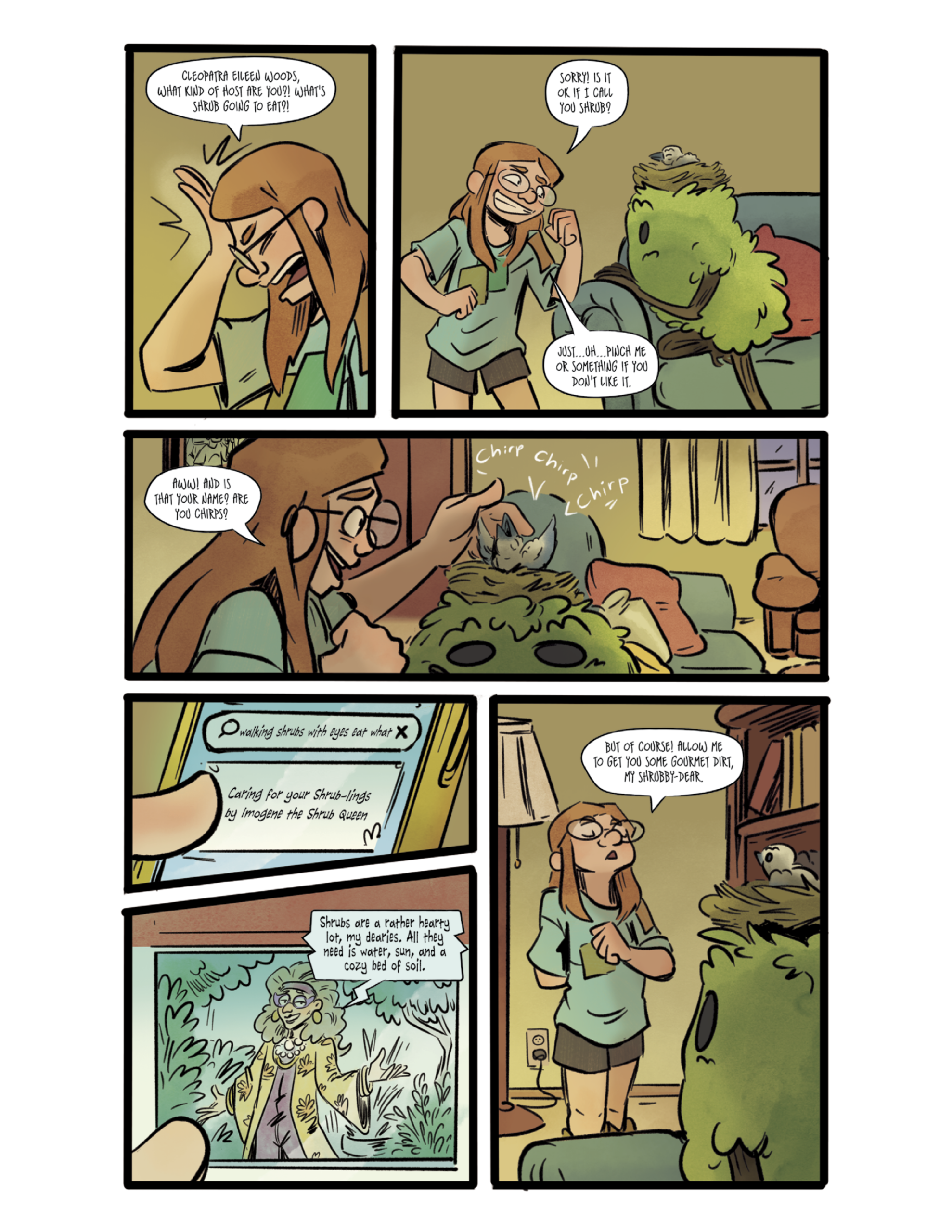 A woman finds a distressed bird in a bush, brings it inside to care for it, and reads about bird rescue from a book while a green furry creature watches.