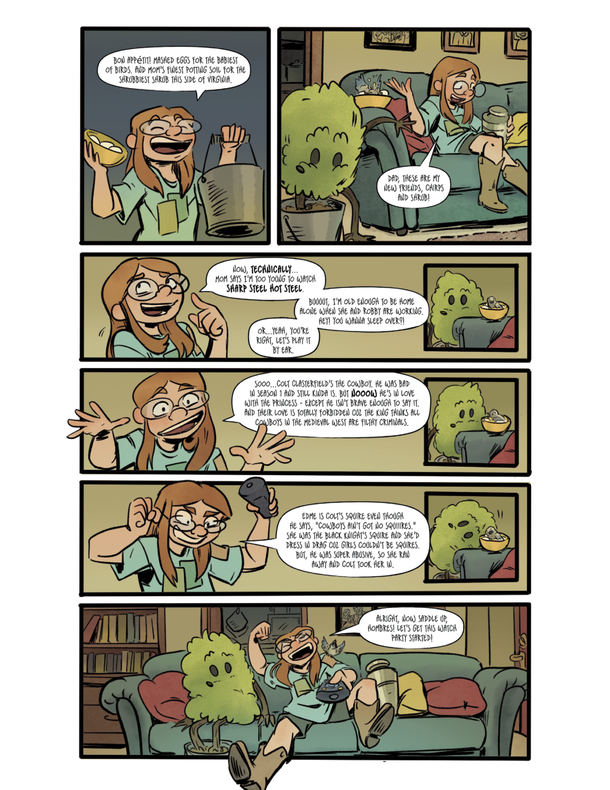A woman excitedly talks to a green, fuzzy alien while sitting on a couch in a living room. The two interact as she tells stories and laughs, with books and plants visible around them.