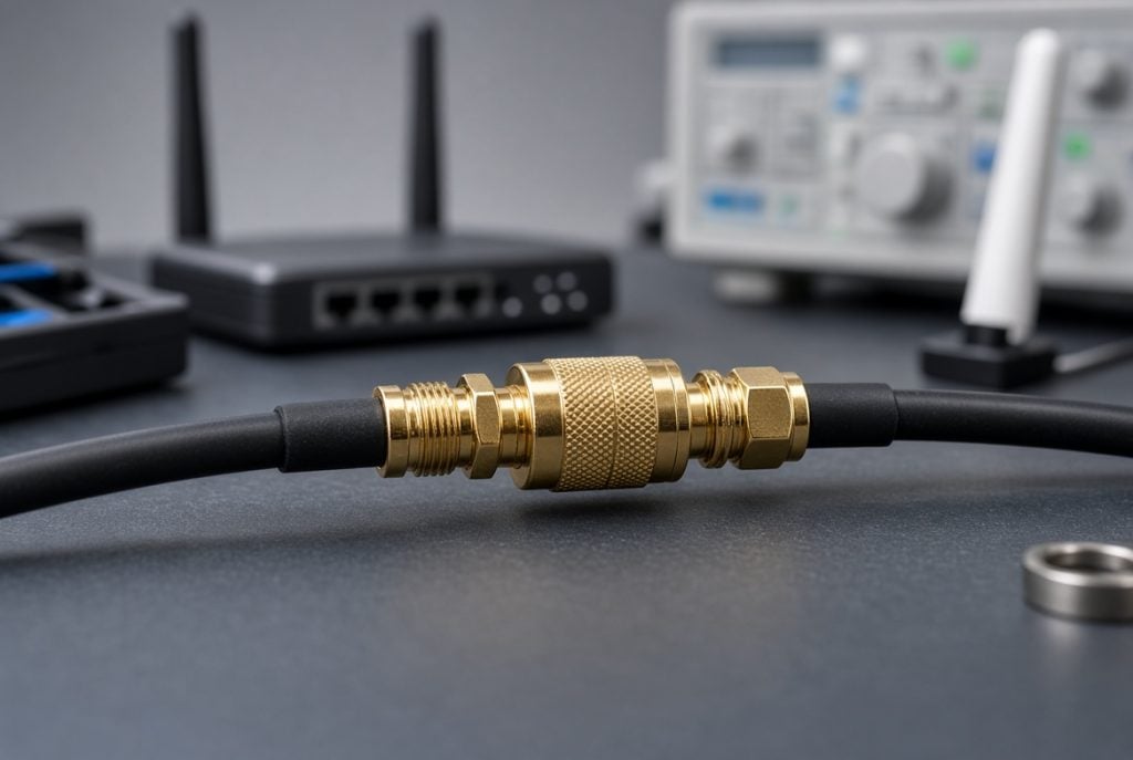 Close-up of a coaxial cable joined with a brass connector, with network equipment and electronic devices blurred in the background.