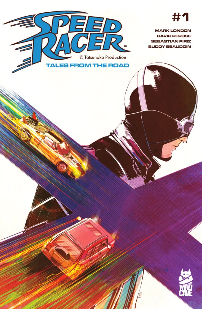Comic book cover shows a helmeted racer in profile with two racing cars speeding past, featuring colorful motion lines and the title “Speed Racer: Tales from the Road #1.”.