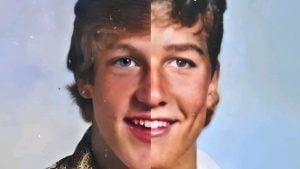 A split image showing two young men with similar hairstyles, each side featuring different facial features, skin tones, and eye colors, against a neutral background.