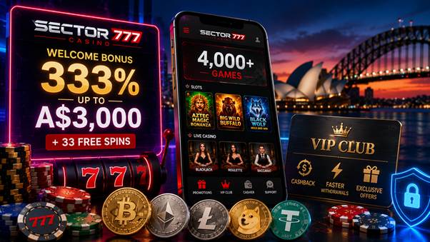 Sector777 Casino: 333% Bonus, 4,000+ Pokies And Crypto Banking In Australia Mobile casino interface with game options, welcome bonus offer, VIP club card, various poker chips, cryptocurrency coins, and Sydney Opera House and Harbour Bridge in the background.