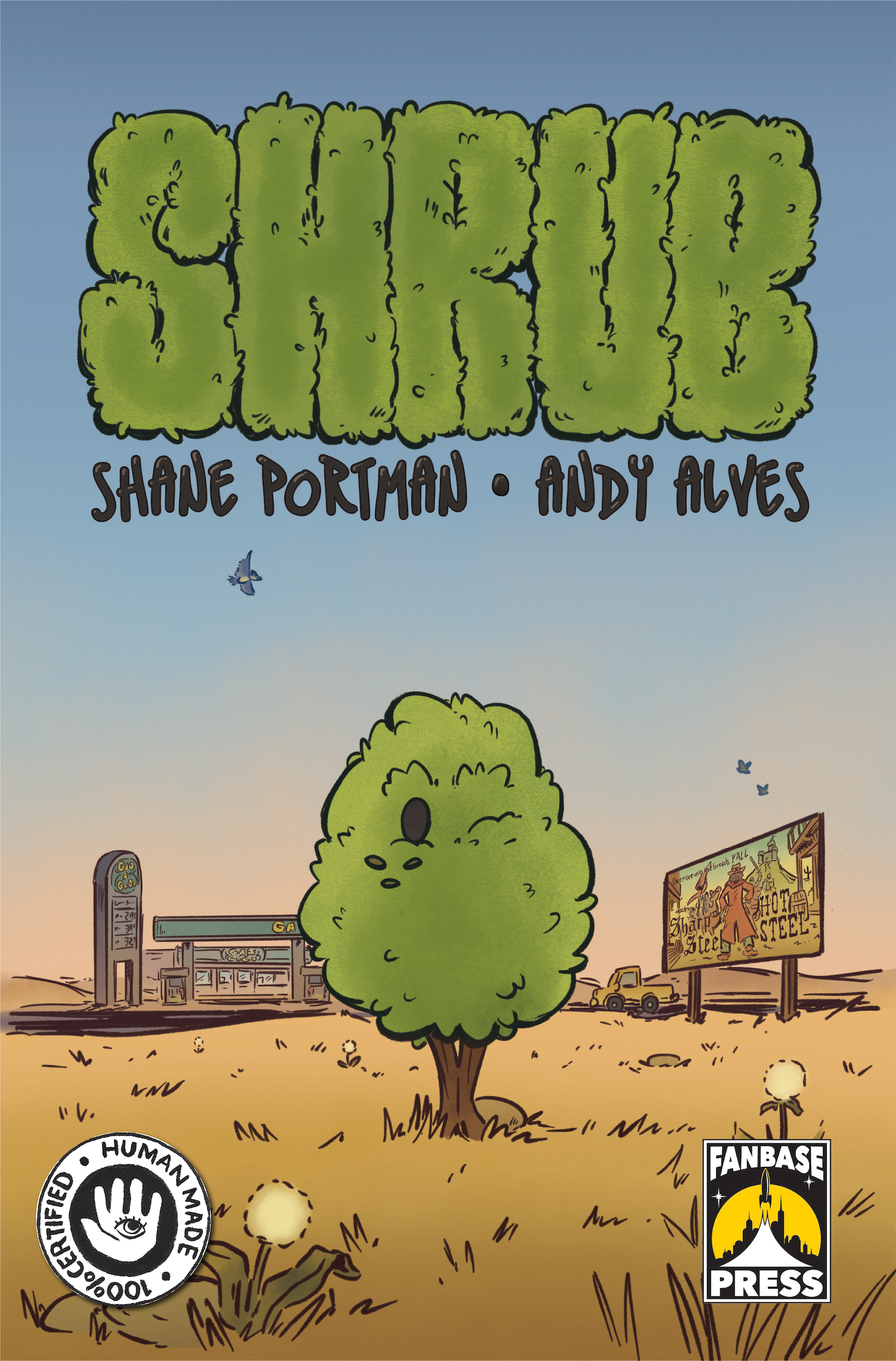 A cartoon tree stands in a dry field with dandelions, a store, and a billboard in the background. The title “Shrub” appears in large, leafy letters above.