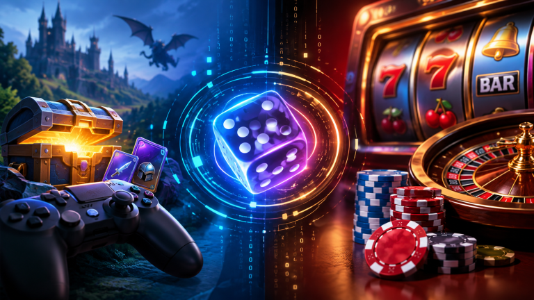 A split image shows fantasy video game elements on the left and casino gambling items like chips, cards, and a slot machine on the right, with glowing dice in the center.