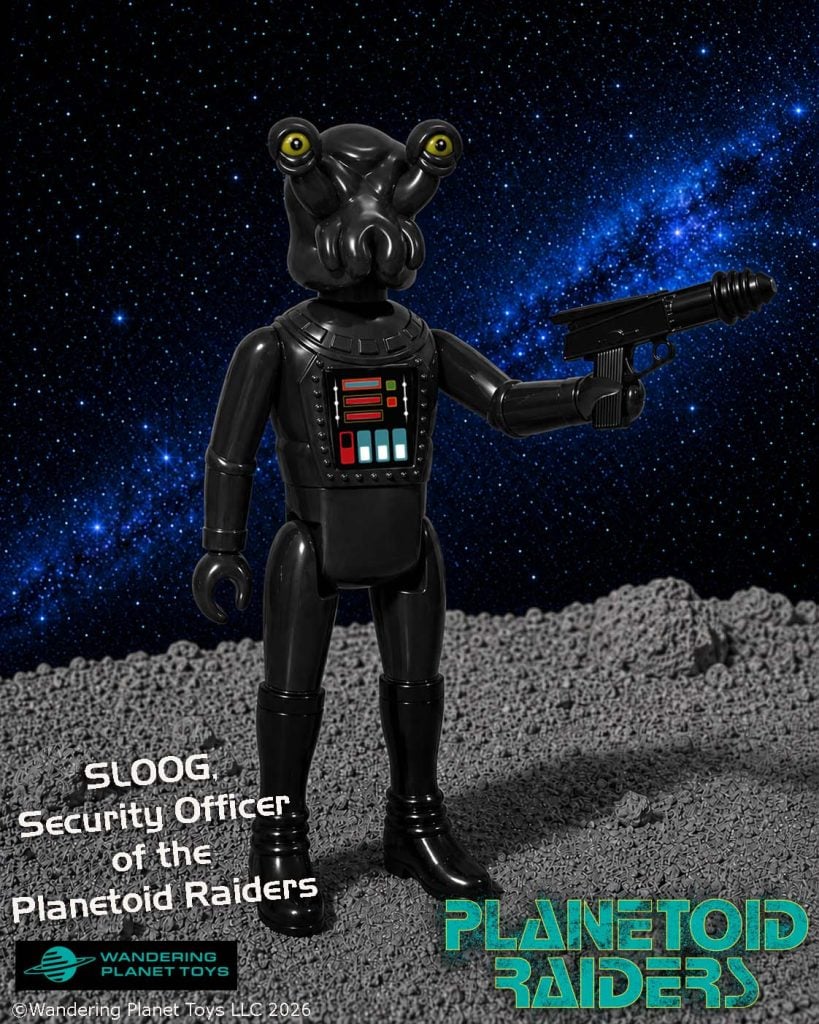 Action figure of Sloog, a black-armored alien security officer, stands on a rocky surface with a blaster, against a star-filled space background.
