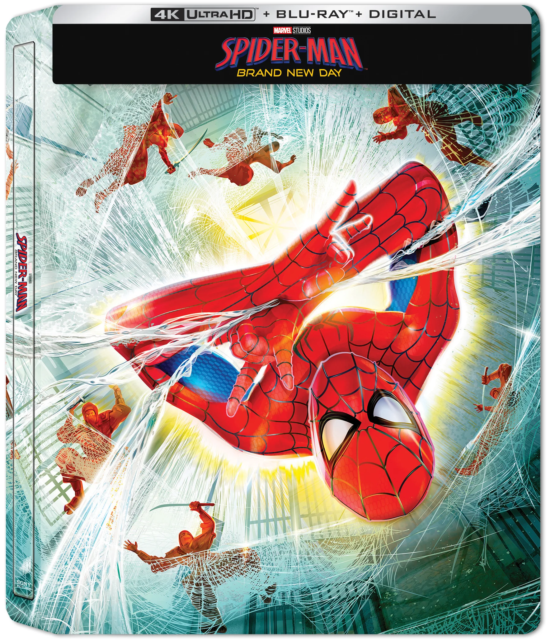 Spider-Man swings through shattered glass with several villains in the background on the cover of a “Spider-Man: Brand New Day” 4K Ultra HD Blu-ray.