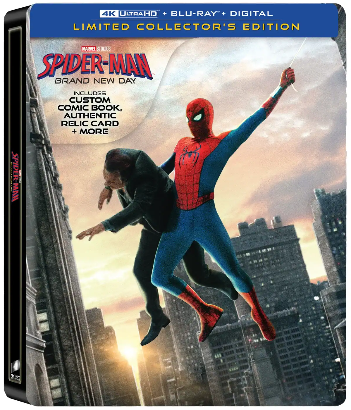 Spider-Man poses midair while holding onto a man over a cityscape on the cover of the Spider-Man: Brand New Day Limited Collector’s Edition 4K Ultra HD Blu-ray set.