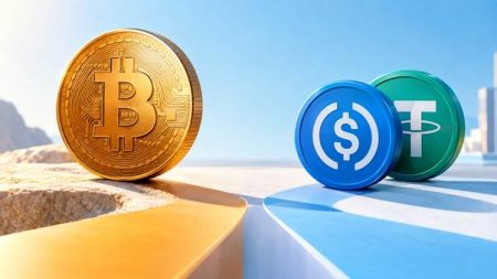 A Bitcoin coin stands on a surface next to symbols of USD Coin and Tether, representing different cryptocurrencies.