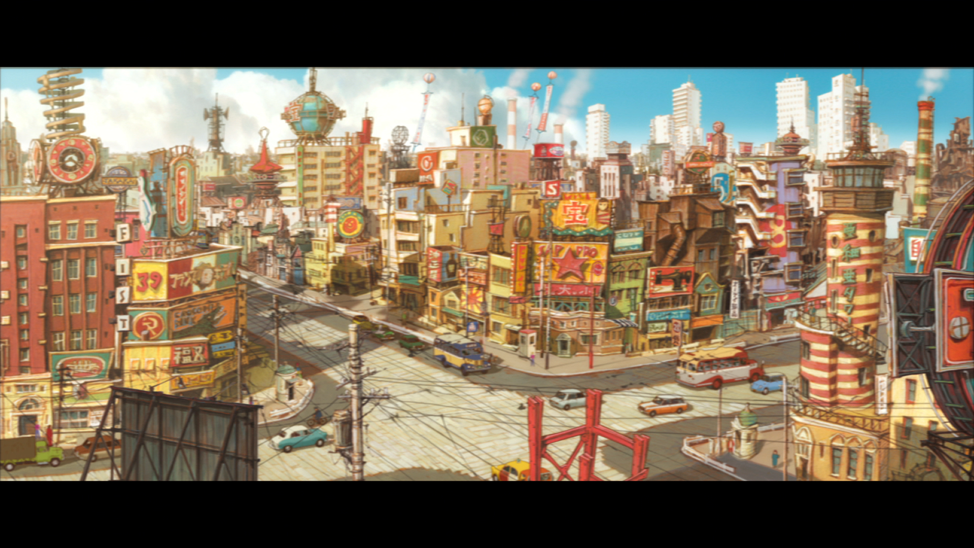 Animated cityscape with colorful buildings, billboards, cars, and buses on intersecting streets under a blue sky with clouds. Tall skyscrapers appear in the distant background.