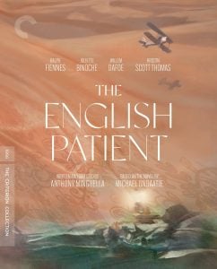 A biplane flies over a desert landscape above the title text “The English Patient” and the names of Ralph Fiennes, Juliette Binoche, Willem Dafoe, and Kristin Scott Thomas.