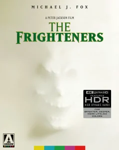 Movie poster for “The Frighteners” featuring a ghostly face pushing through a white surface, with film title and credits above, and 4K Ultra HD HDR feature info on the right.