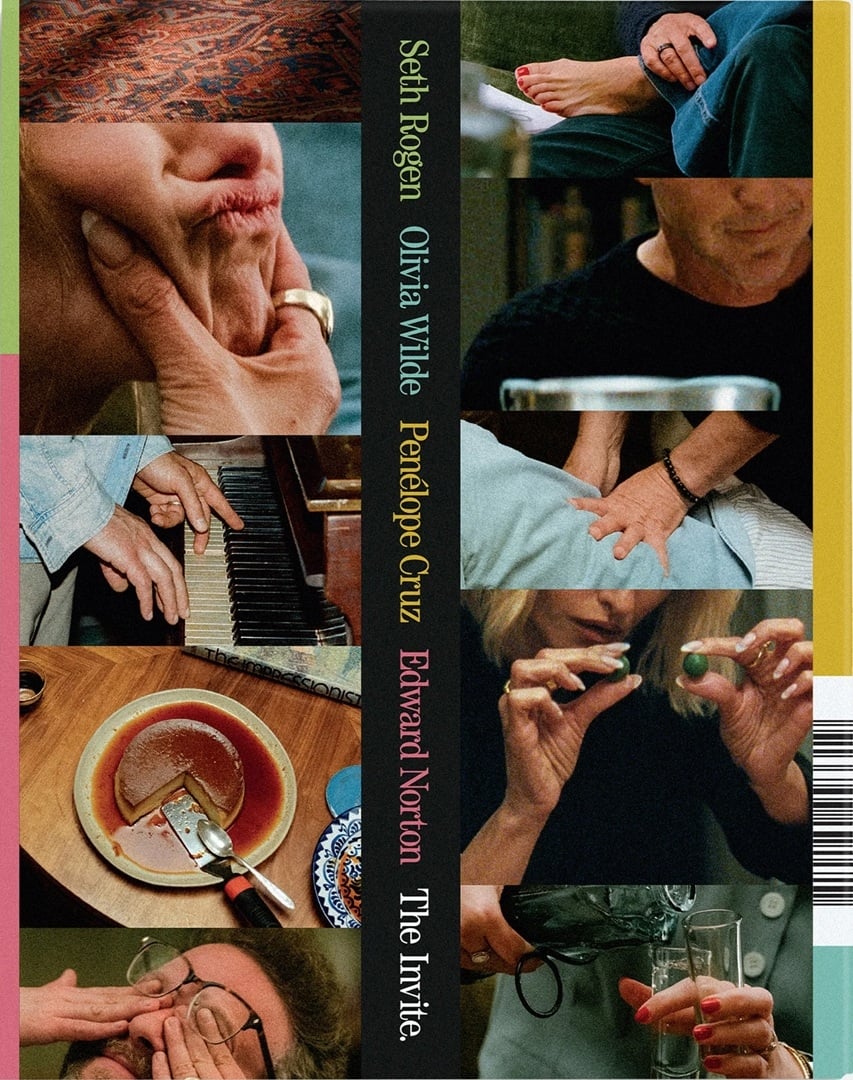 A collage of close-up shots featuring hands, food, musical instruments, and various activities, with names Seth Rogen, Olivia Wilde, Penélope Cruz, and Edward Norton on the side.