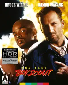 Bruce Willis and Damon Wayans stand side by side on the cover of “The Last Boy Scout” movie, each holding a gun, with the title and film details displayed in bold text.