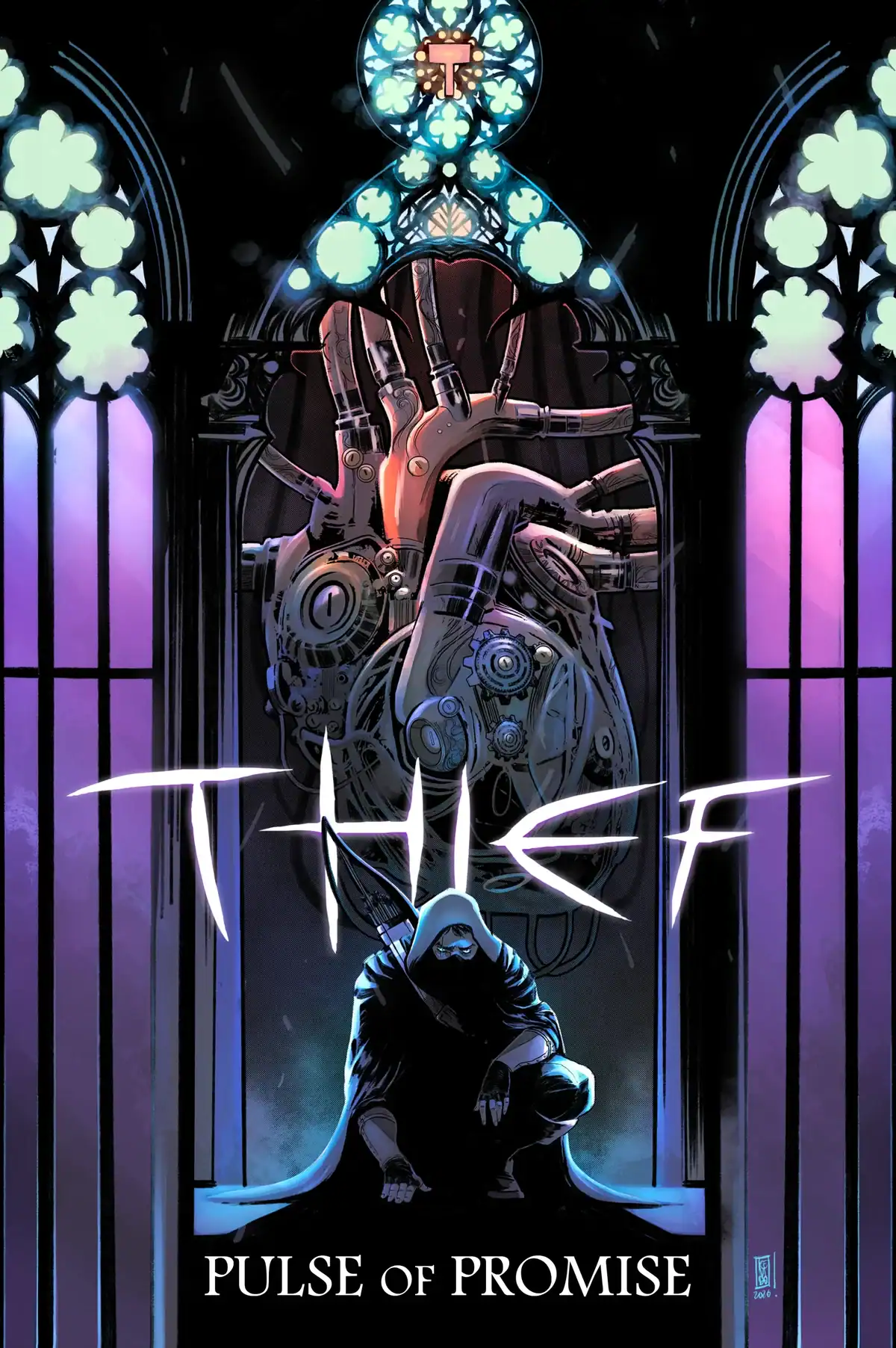 A hooded figure sits beneath a stained glass window with a large mechanical heart above. The words “THIEF” and “PULSE OF PROMISE” are displayed prominently.