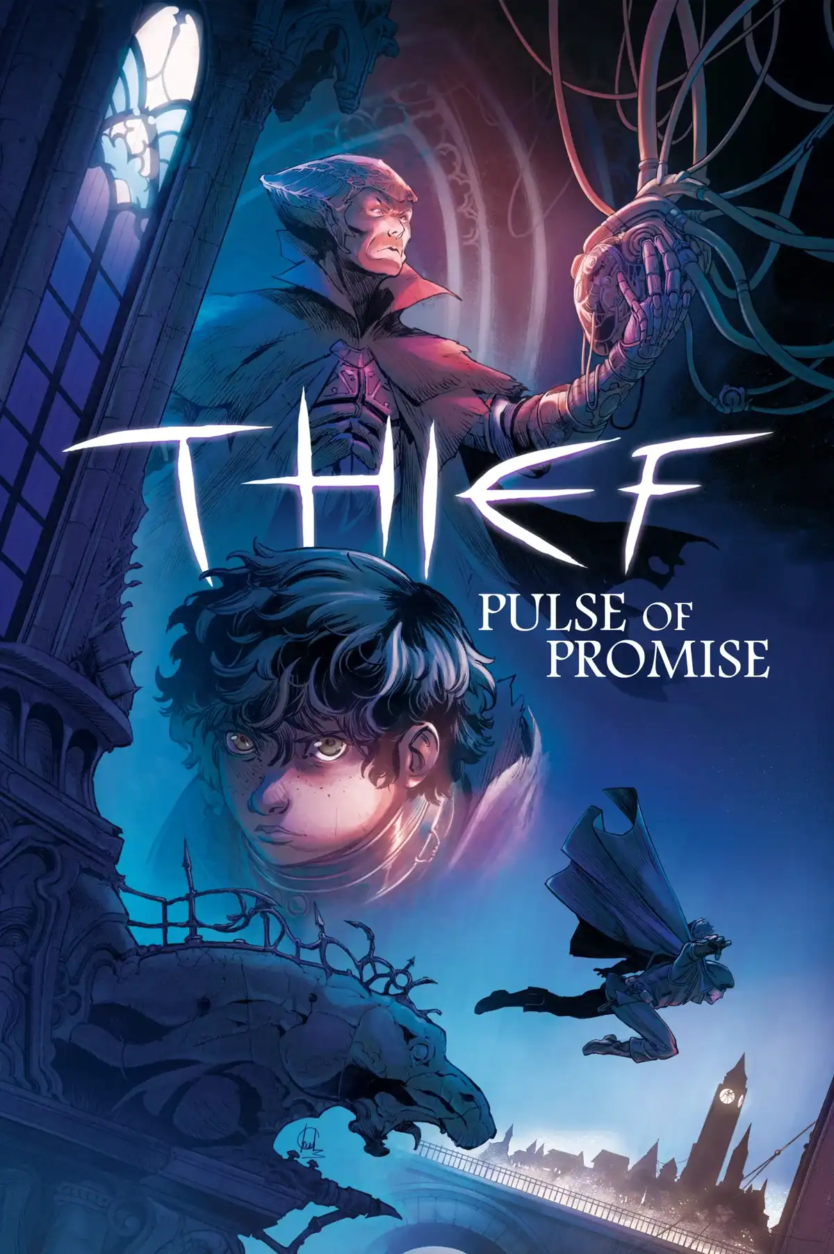 Comic book cover titled “Thief: Pulse of Promise” shows a masked figure with glowing wires, a boy’s face, gothic architecture, and dramatic blue, purple, and black tones.
