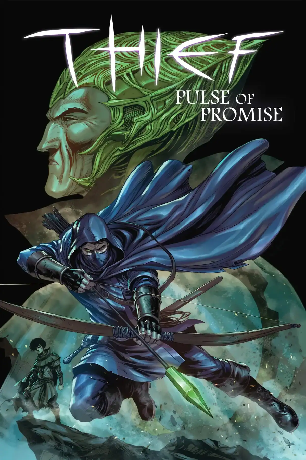 A hooded archer leaps with a glowing green arrow, a large green stone head in the background, and another figure standing below. Text reads “THIEF: PULSE OF PROMISE.”.