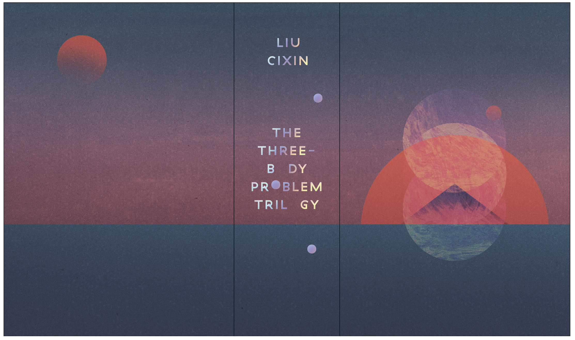 Book cover for “The Three-Body Problem Trilogy” by Liu Cixin, featuring abstract geometric shapes, a sun, and gradients in purple, pink, and blue tones.