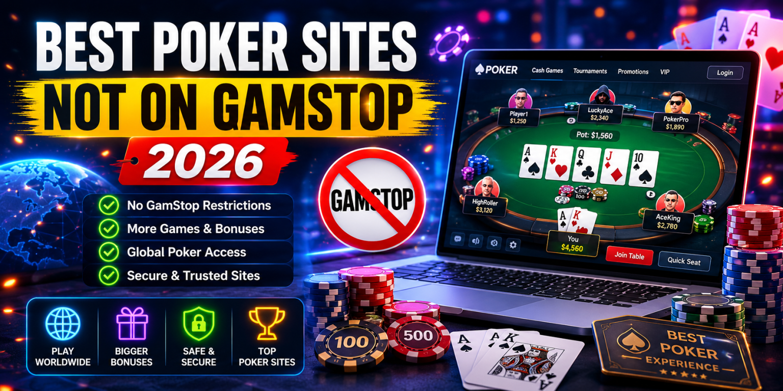 A digital banner advertises the best poker sites not on GamStop for 2026, featuring a poker table, laptop screen, chips, cards, icons, and highlighted benefits.