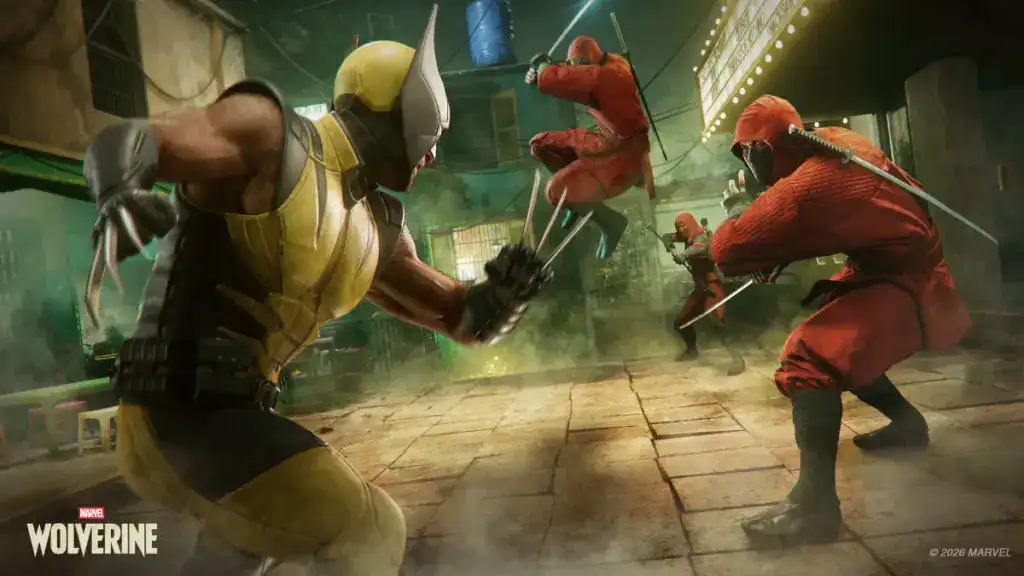 Wolverine in yellow costume fights three red-clad ninjas in a smoky courtyard at night, with claws drawn and dynamic action poses.