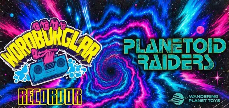 Colorful cosmic background with “Wordburglar,” “Planetoid Raiders,” and “Recdoor” logos, plus Wandering Planet Toys logo at the bottom right.