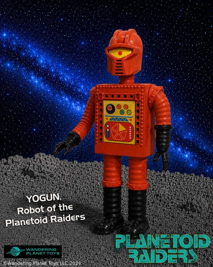 Red robot figure labeled “Yogun” stands on a gray, rocky surface with a starry space background and “Planetoid Raiders” text in the corner.