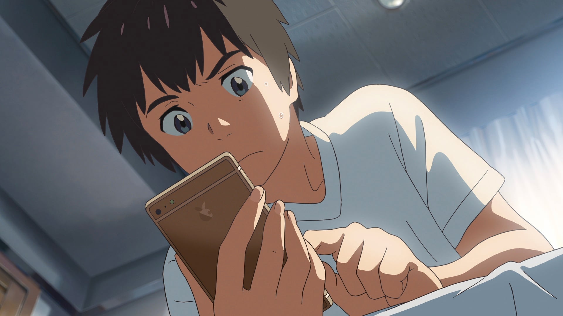 Animated boy in a white t-shirt looks at a smartphone with a surprised expression, holding the phone with one hand and touching the screen with the other.