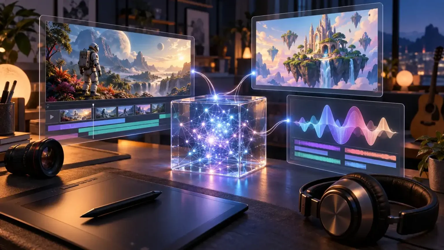 A glowing AI network connects film editing, digital art, and music in a creative studio.