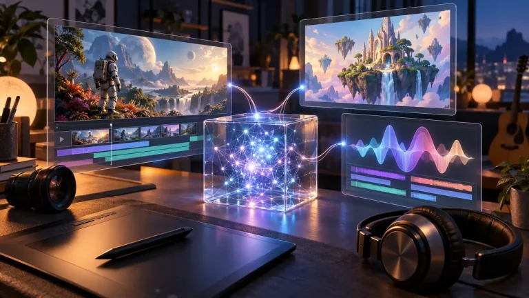 A glowing AI network connects film editing, digital art, and music in a creative studio.