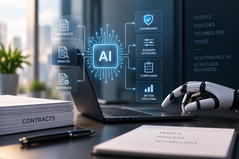 AI governance framework managing automated contract decisions with human oversight and compliance controls