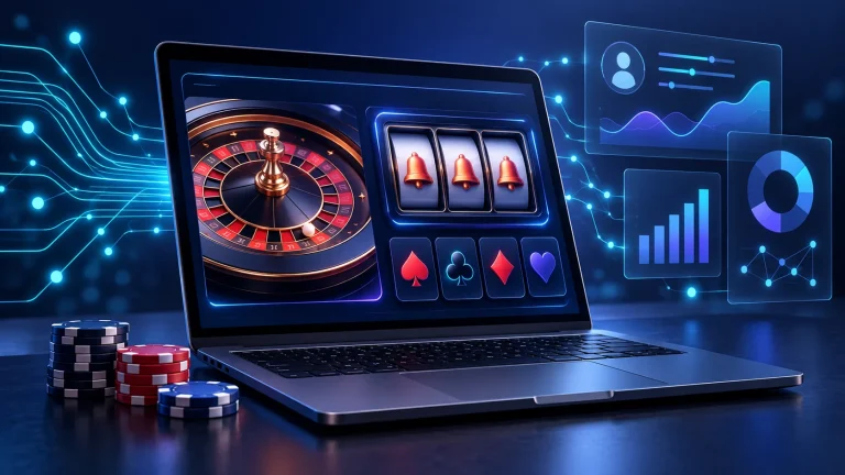 Laptop displaying casino games beside poker chips, with glowing network connections and data charts representing AI.