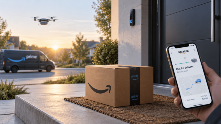 A package sits on a porch; a person holds a phone showing delivery tracking, with a drone in the air and an Amazon Prime van in the background.