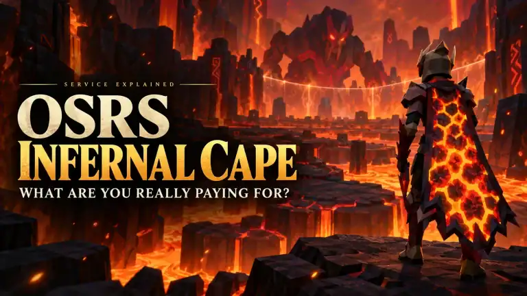 A character in fiery armor stands on a rocky platform over lava, facing a large monster. Text reads: “OSRS Infernal Cape: What are you really paying for?”.