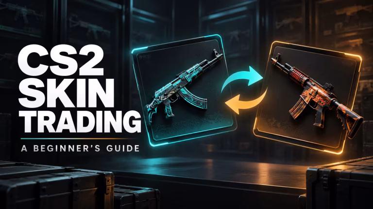 CS2 weapon skins on teal and orange inventory cards connected by trading arrows.