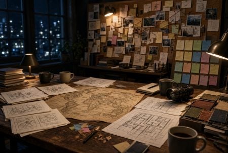 Writers’ room table with storyboards, maps, color notes, and genre planning documents for a film or series