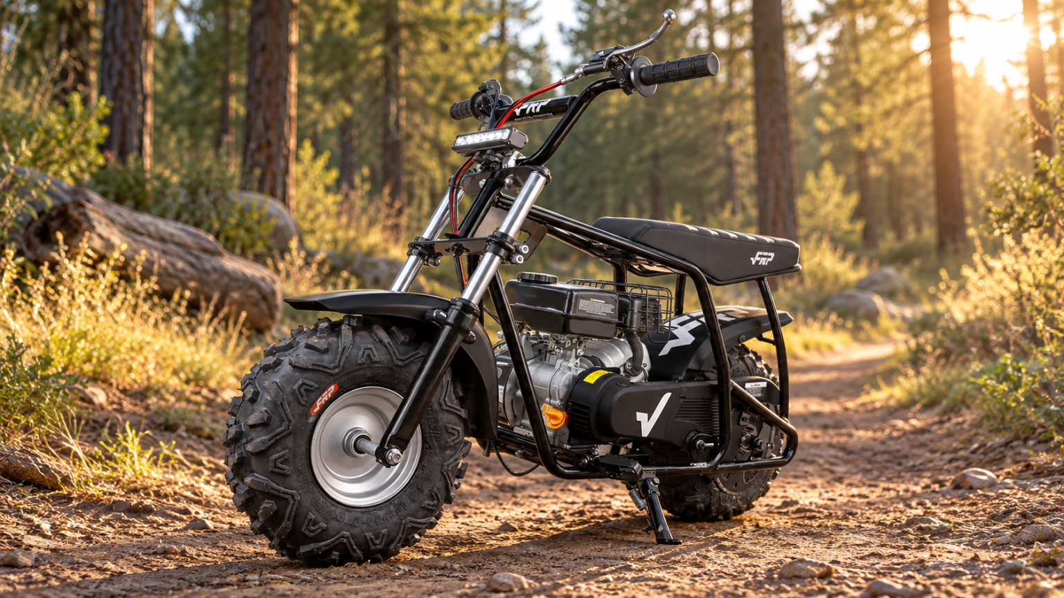 A black mini bike with knobby tires is parked on a dirt trail in a forest with sunlight filtering through the trees.