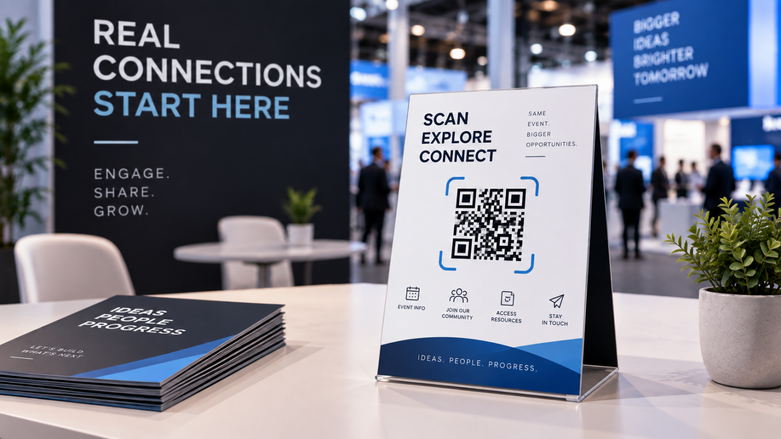 A QR code sign on a table at a business event, with brochures and banners promoting connection, ideas, and growth in the background.