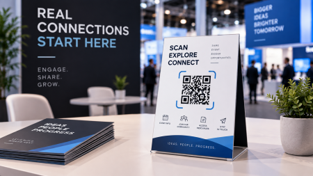 Best QR Codes For Trade Show And Event Marketing A QR code sign on a table at a business event, with brochures and banners promoting connection, ideas, and growth in the background.