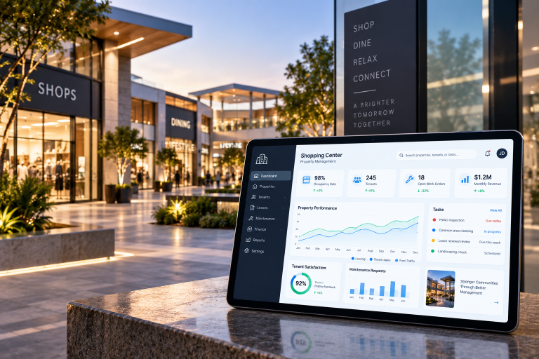 Shopping center property management software dashboard displaying leases, tenants, accounting, maintenance, and property data.