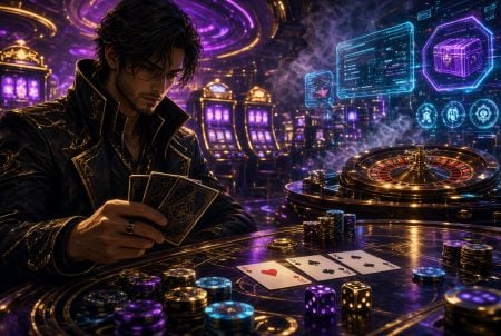 Best Video Games Featuring Casino Mechanics And Gambling Elements A man in a dark jacket holds cards at a futuristic casino table with poker chips, slot machines, and holographic digital displays in the background.