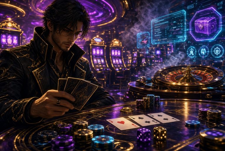 A man in a dark jacket holds cards at a futuristic casino table with poker chips, slot machines, and holographic digital displays in the background.