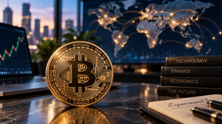 Bitcoin represented alongside blockchain network infrastructure and decentralized financial technology