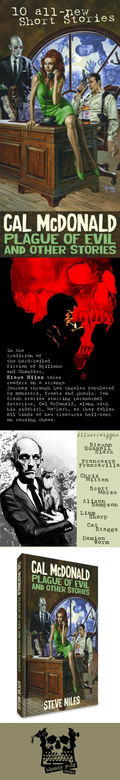 Collage of book cover art, illustrations, and text for “Cal McDonald and Other Stories” by Steve Niles, featuring noir and supernatural comic-inspired imagery.