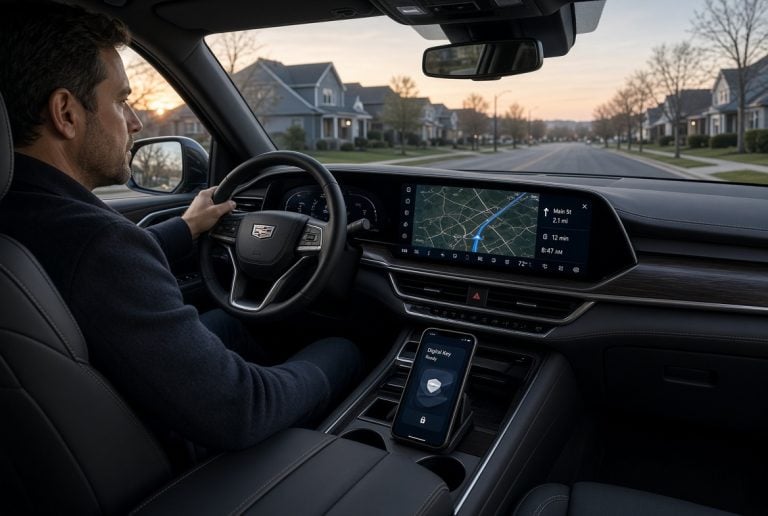 A man drives a Cadillac SUV through a suburban neighborhood at sunset, with navigation displayed on dashboard screens and a phone placed in the center console.