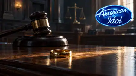American Idol logo above a symbolic courtroom scene featuring a judge’s gavel and gold wedding ring.